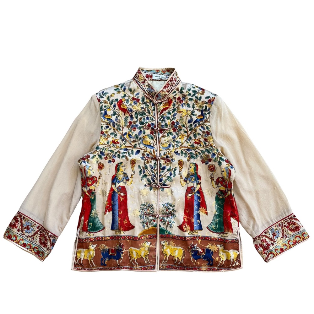 Dragon Silk Hangzhou China Tree of Life Mandarin Jacket Frog Buttons XXL Beige